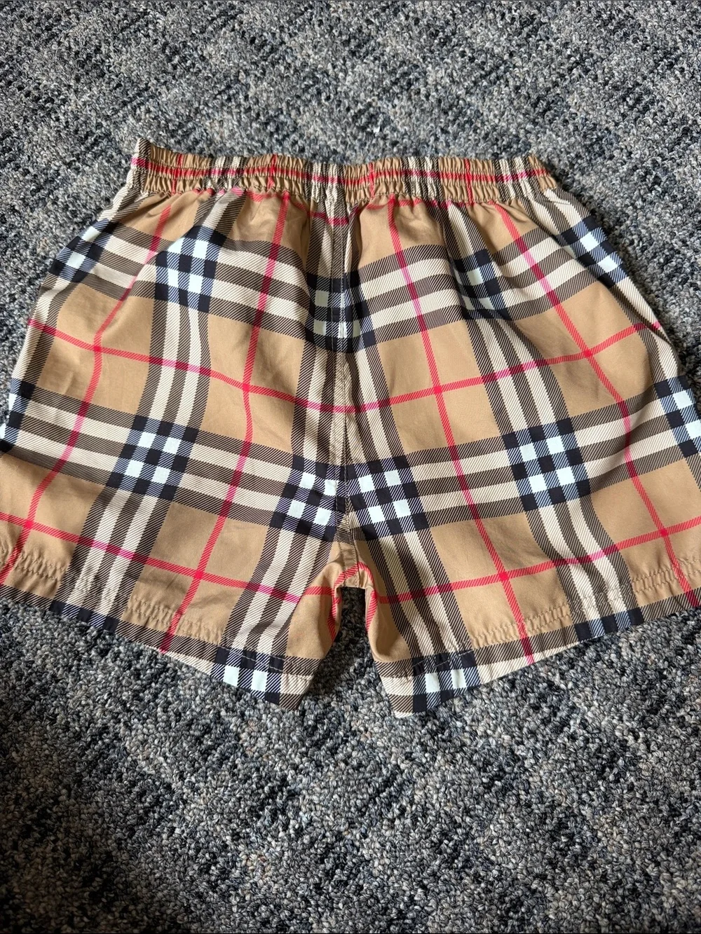 Burberry Tan Plaid Kids Swim Trunks with Black Drawstring
